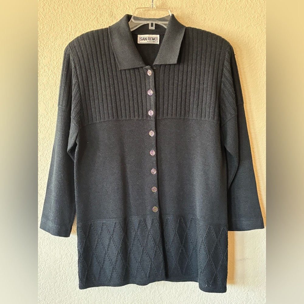 San Remo vintage black knit collared‎ button down textured cardigan Size M